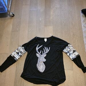 Pink Owl Black Long Sleeve Tee with Shiny Silver Sequin Deer Design And Sleeves
